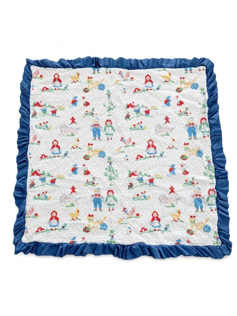 Vtg 60s Raggedy Ann & Andy Nursery Rhyme Print Cotton Baby Quilt Ruffled